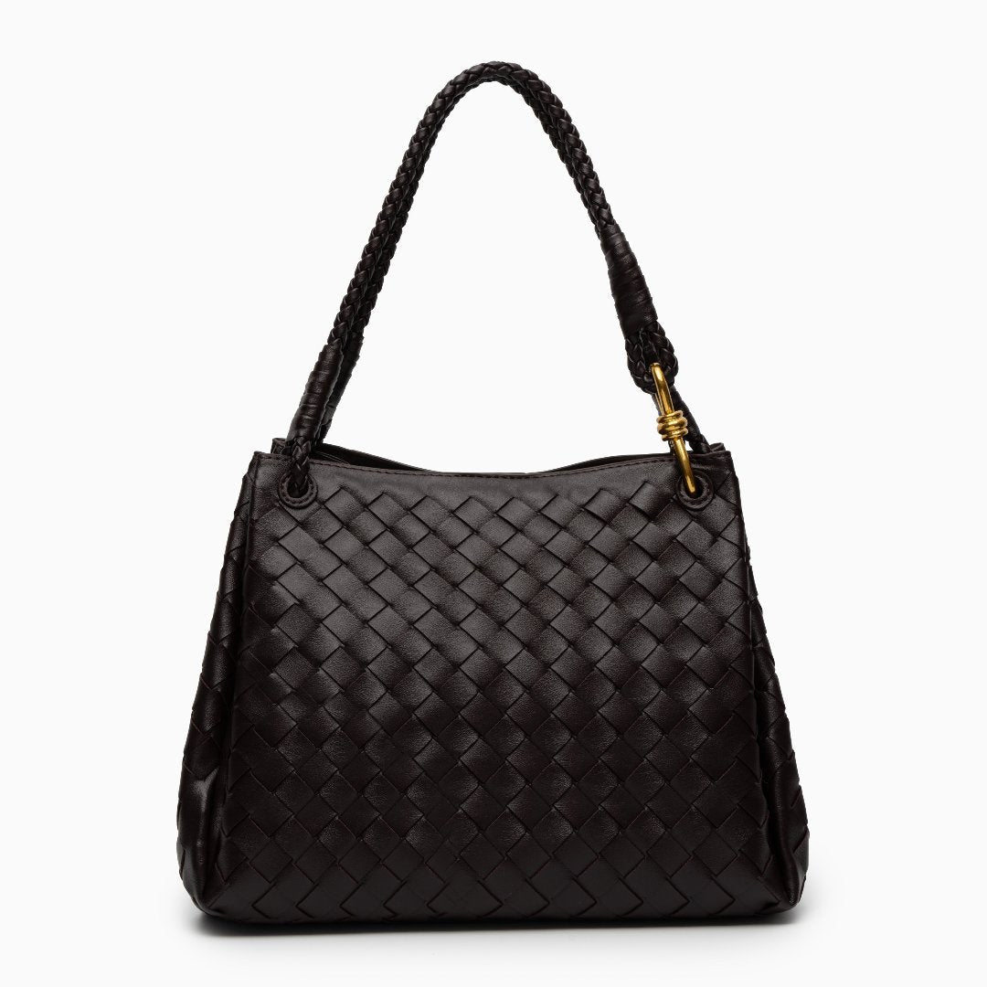 Valeria | Geflochtene schwarze Damenhandtasche aus veganem Leder mit Schulterriemen & goldenen Details