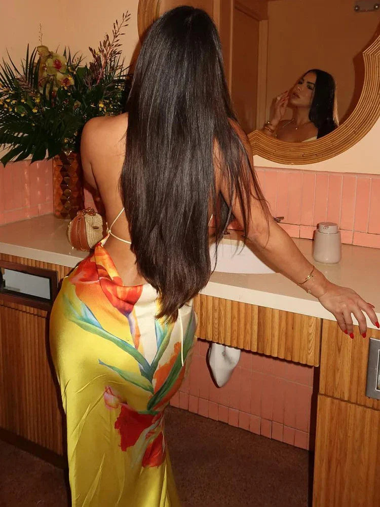 Elegantes Damen Satin Maxikleid mit Blumenmuster