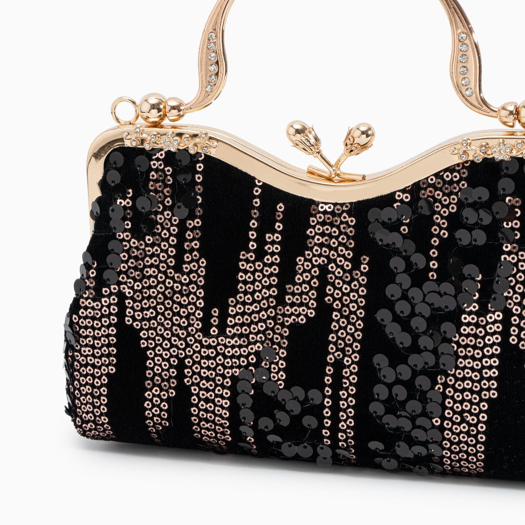 Alyannah | Navyblaue Samt-Clutch mit goldenen Pailletten & verziertem Griff – Elegante Abendtasche für Damen