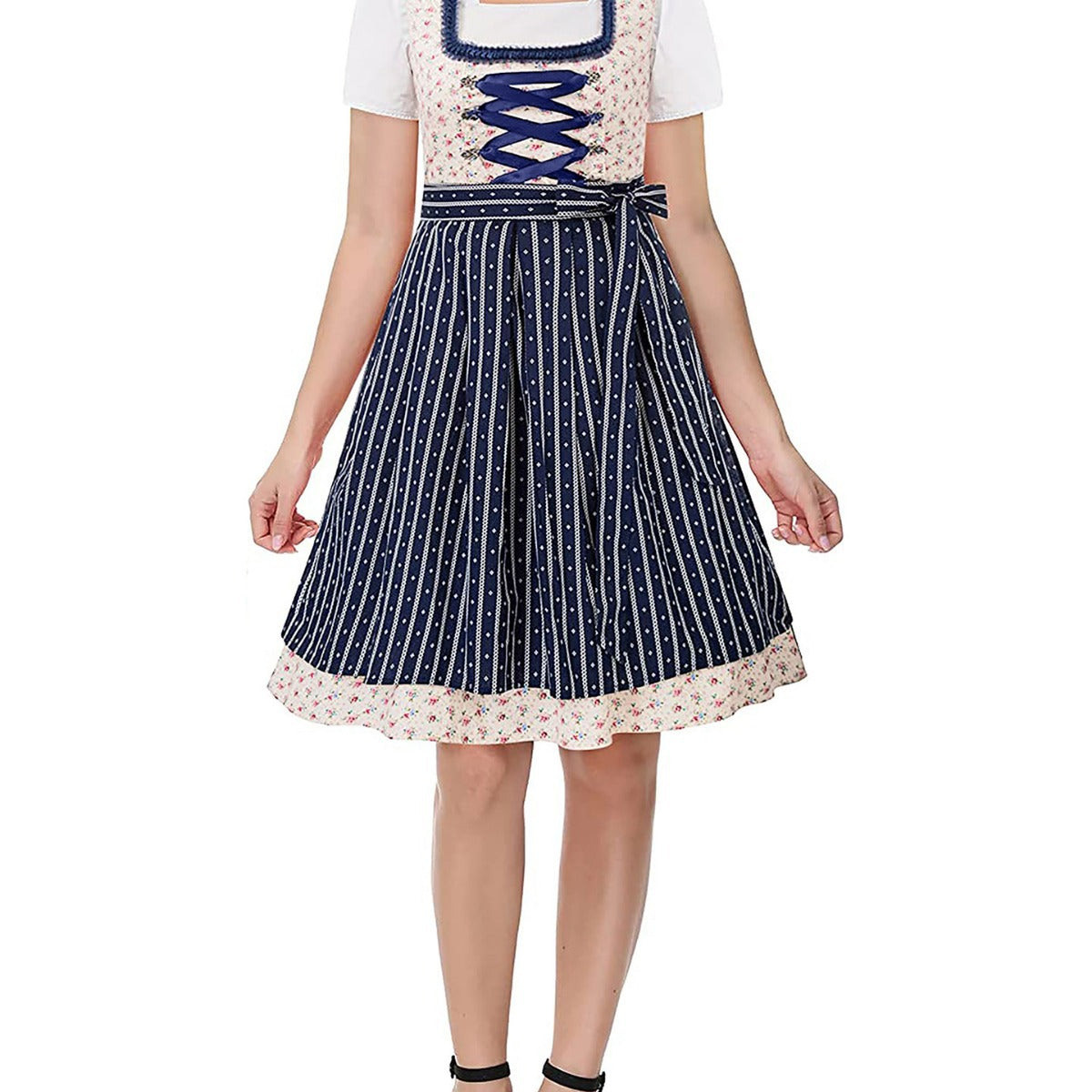 Damen Dirndl Floral Stoff Herzförmiger Ausschnitt Trachtenmode