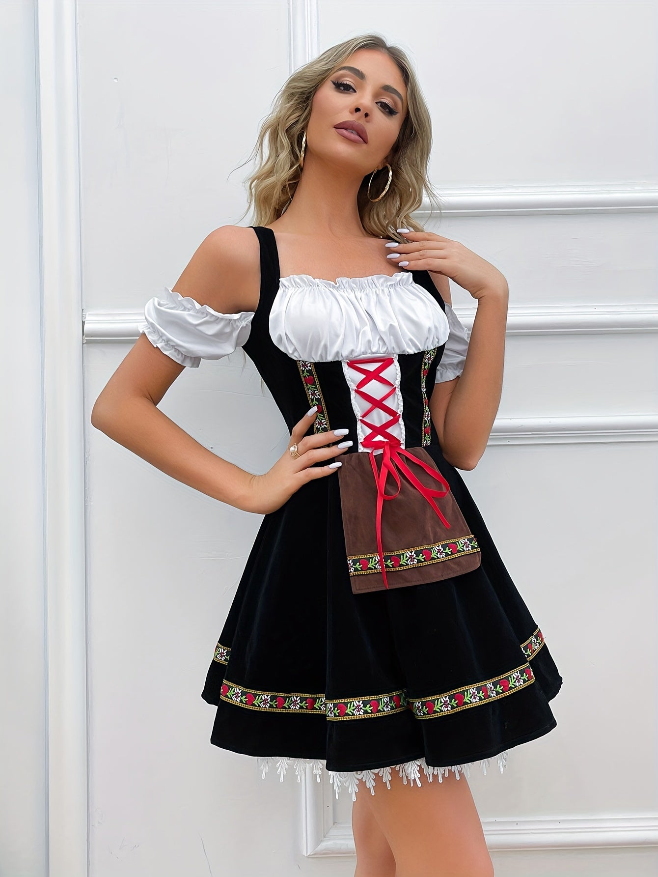 Damen Dirndl Kleid Schulterfrei Trachtenkleid mit Fließendem Rock für Oktoberfest