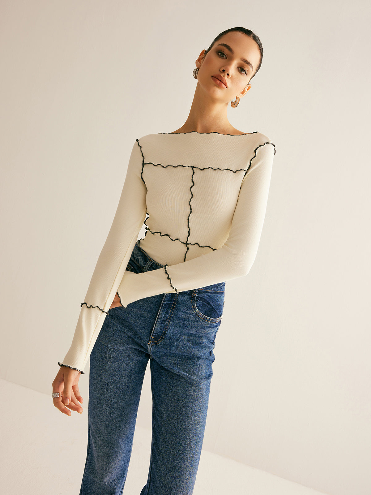 Damen Langarmshirt Baumwolle Lyocell Slim Fit mit Lettuce Trim