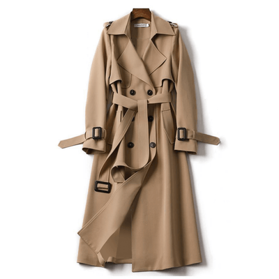 Langer Damen Trenchcoat schwarz – eleganter Mantel mit Gürtel