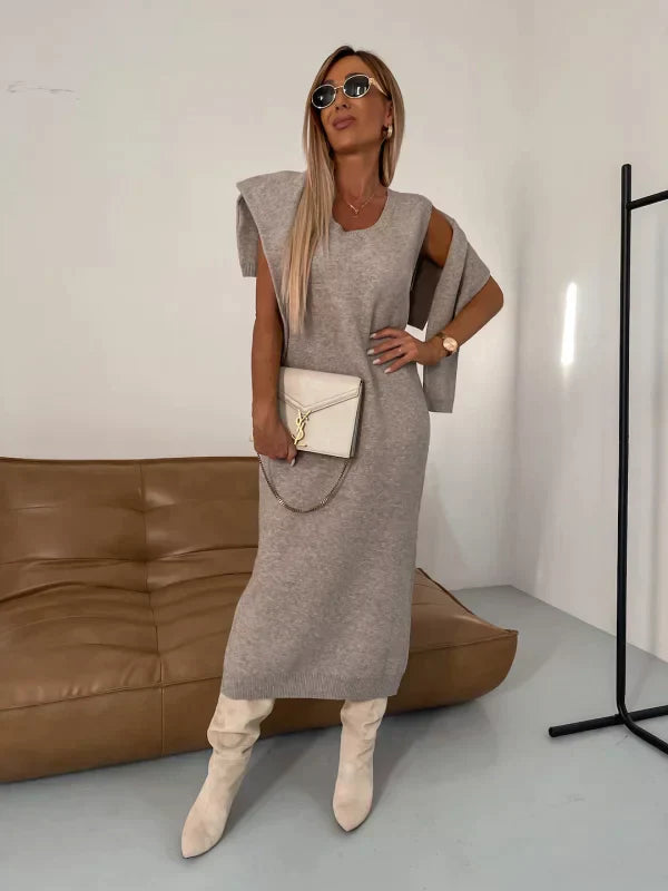 Damen Midi Kleid mit passender warmer Strickjacke