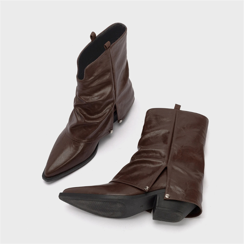Damen Stiefel Leder Western Kurz Niedriger Absatz