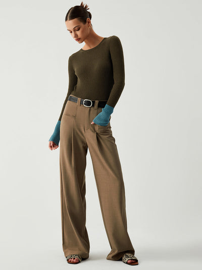 Damen Stricktop Cashmere-Bambus Slim Fit mit Kontrastärmeln