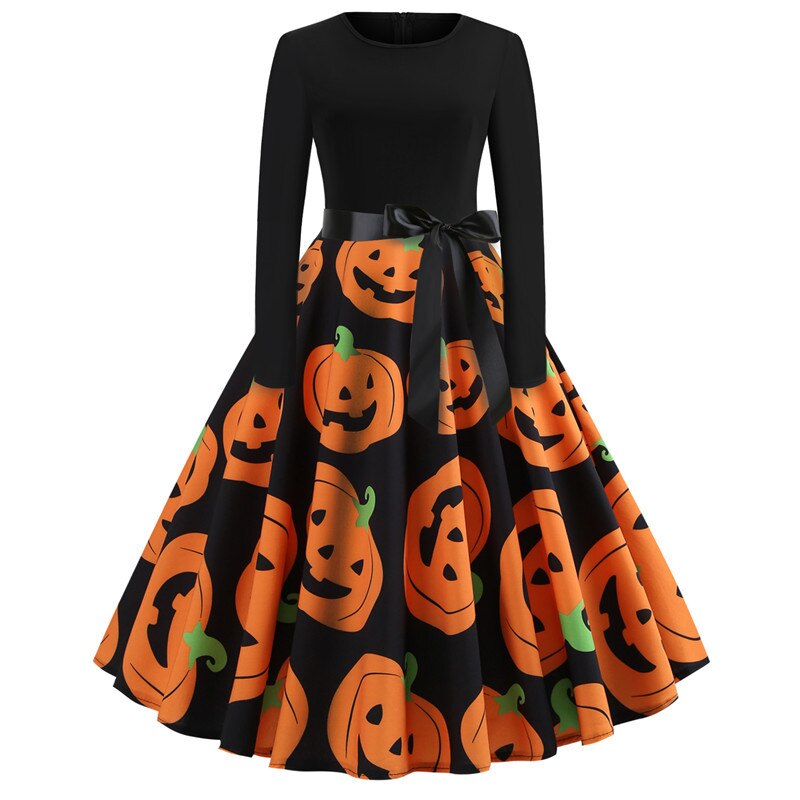 Damen Halloween-Kleid mit Print | Langarm & Ausgestellter Schnitt