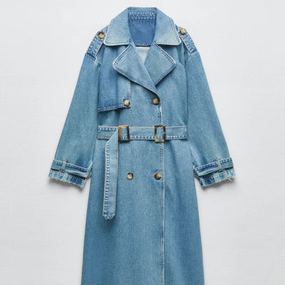 Langer Trenchcoat für Damen mit Gürtel | Blau