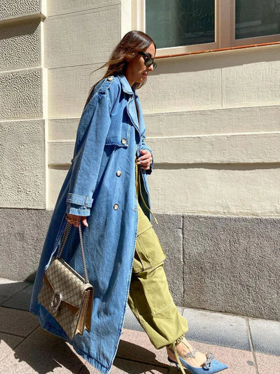 Langer Damen Trenchcoat Blau – Tailliert mit Gürtel – Elegant & Modern