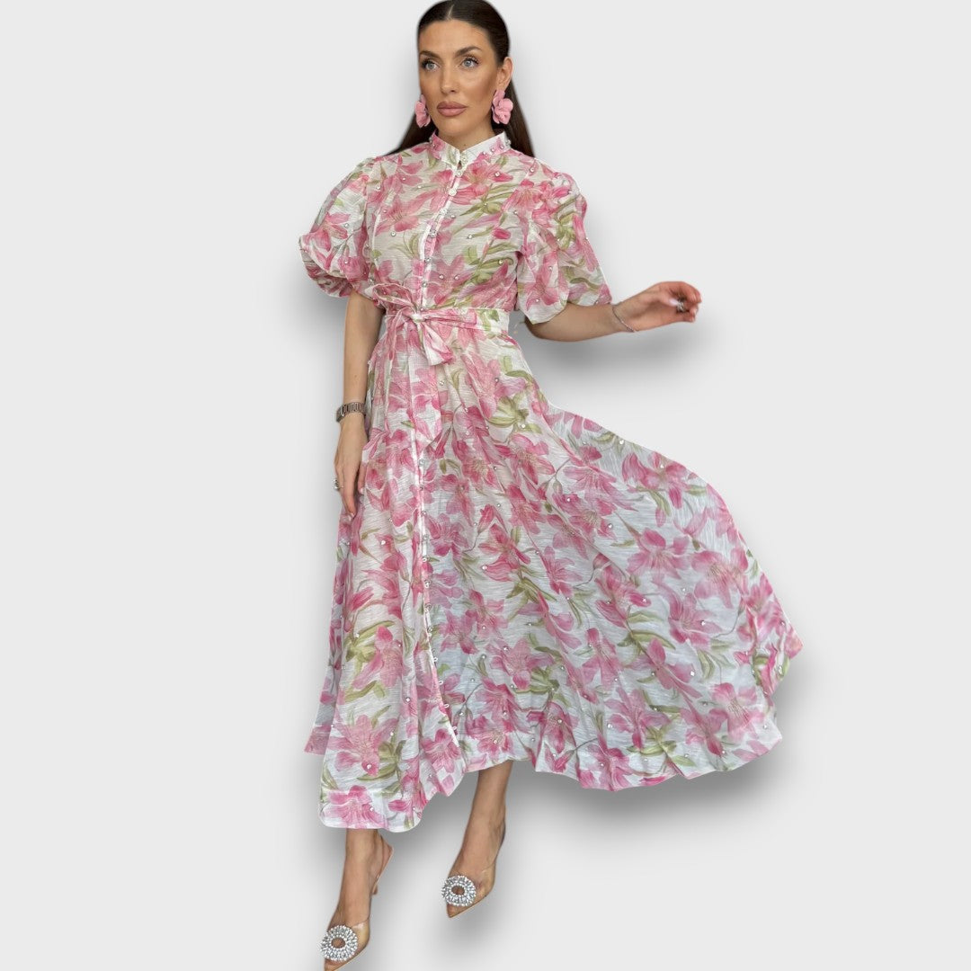 Celindra – Maxi-Kleid mit floraler Struktur und Bindegürtel