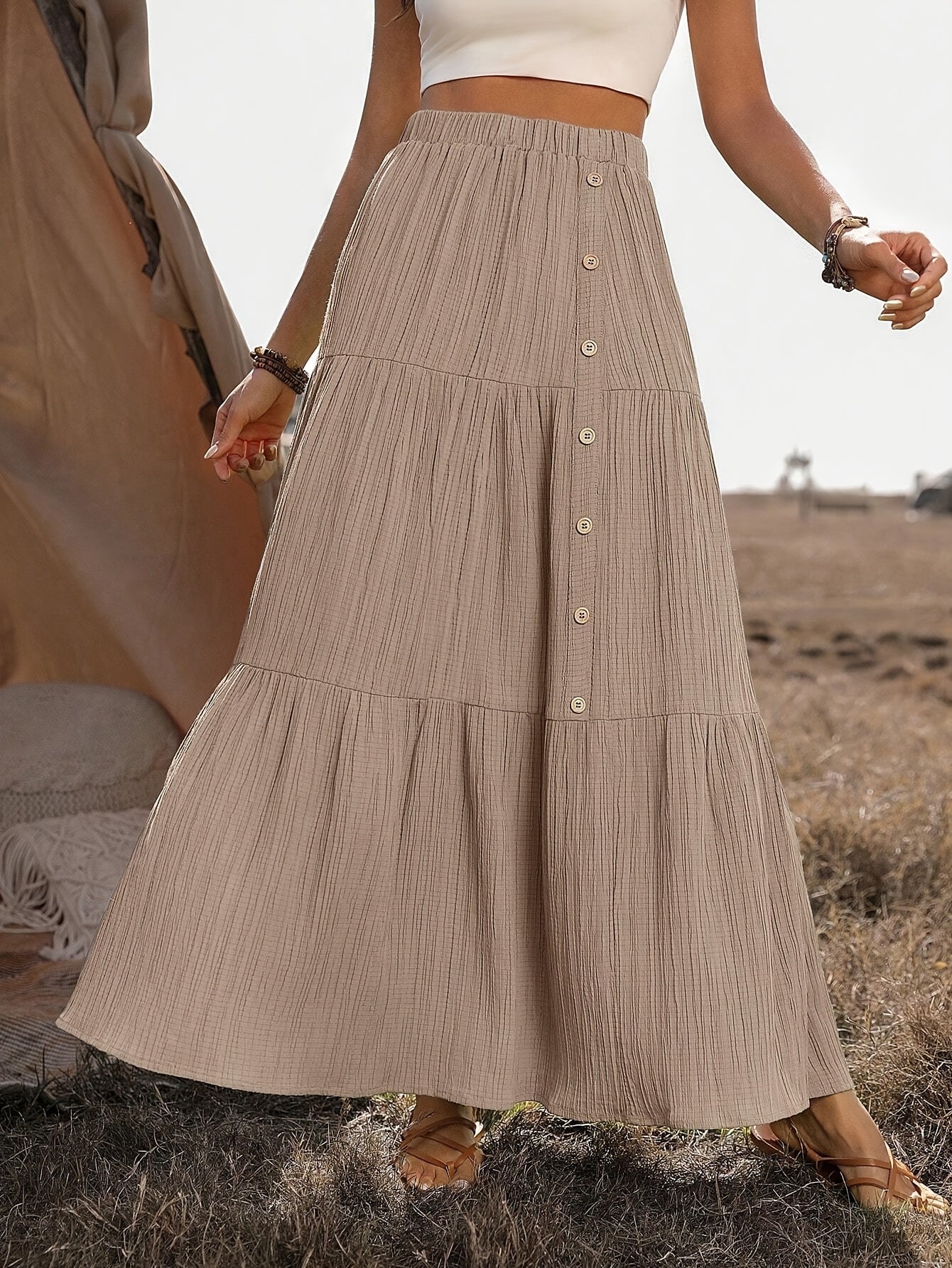 Damen Maxirock Baumwolle Boho Stil mit Volants – Sommer