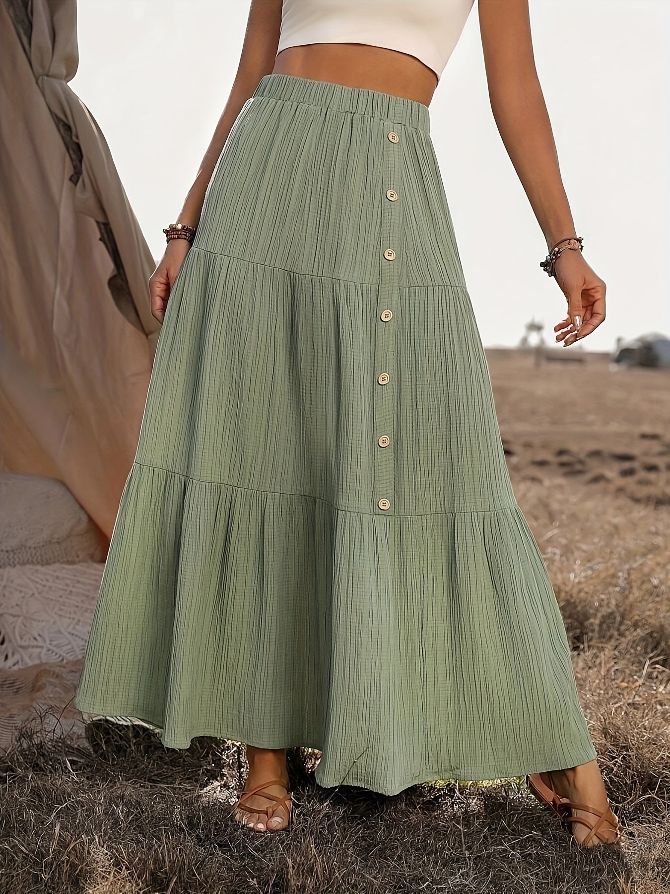 Damen Maxirock Baumwolle Boho Stil mit Volants – Sommer