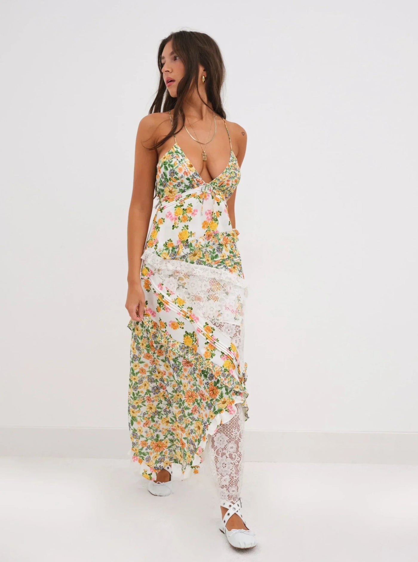 Blumiges Maxikleid mit Spitze und Spaghettiträgern für Damen