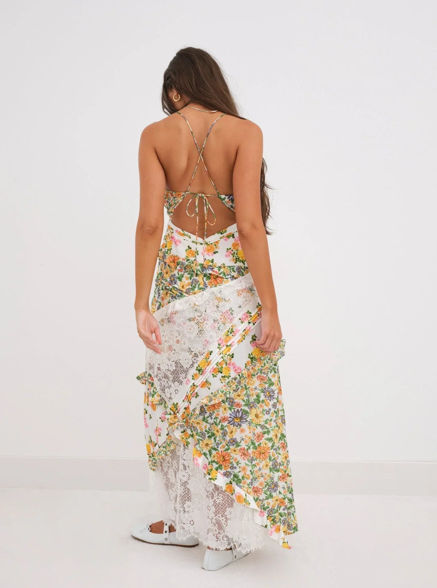 Blumiges Maxikleid mit Spitze und Spaghettiträgern für Damen