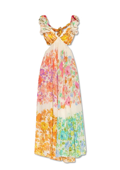 Maxikleid mit Blumenmuster, V-Ausschnitt und Rüschen-Trägern für Damen