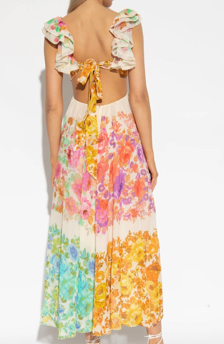 Maxikleid mit Blumenmuster, V-Ausschnitt und Rüschen-Trägern für Damen