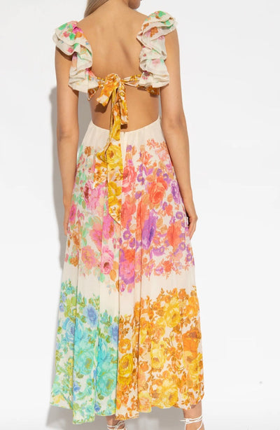 Maxikleid mit Blumenmuster, V-Ausschnitt und Rüschen-Trägern für Damen