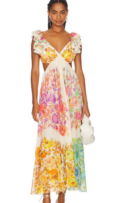 Maxikleid mit Blumenmuster, V-Ausschnitt und Rüschen-Trägern für Damen