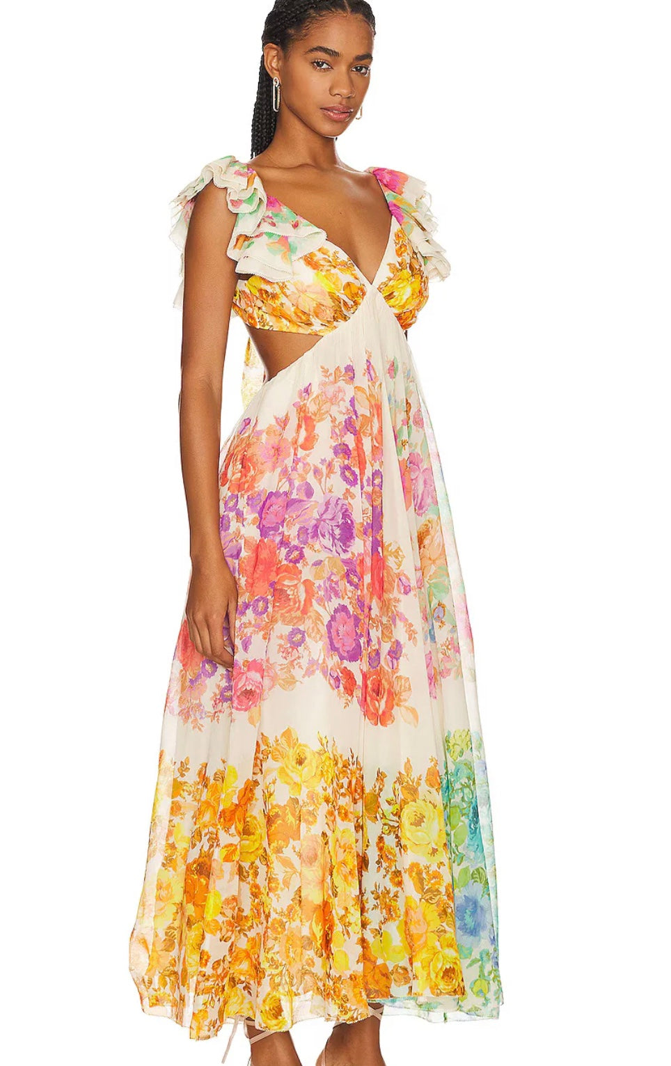 Maxikleid mit Blumenmuster, V-Ausschnitt und Rüschen-Trägern für Damen