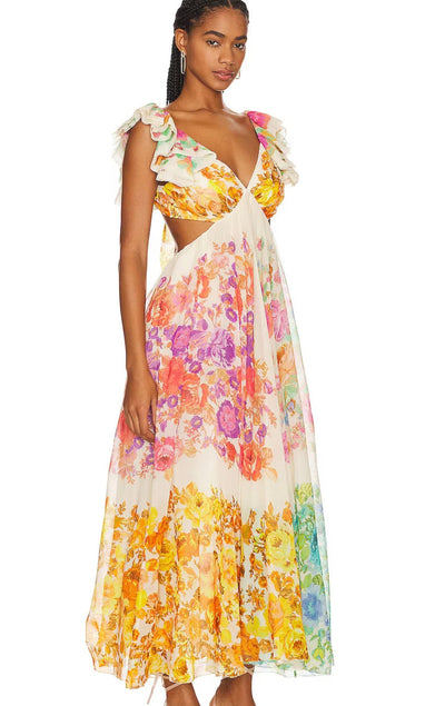 Maxikleid mit Blumenmuster, V-Ausschnitt und Rüschen-Trägern für Damen