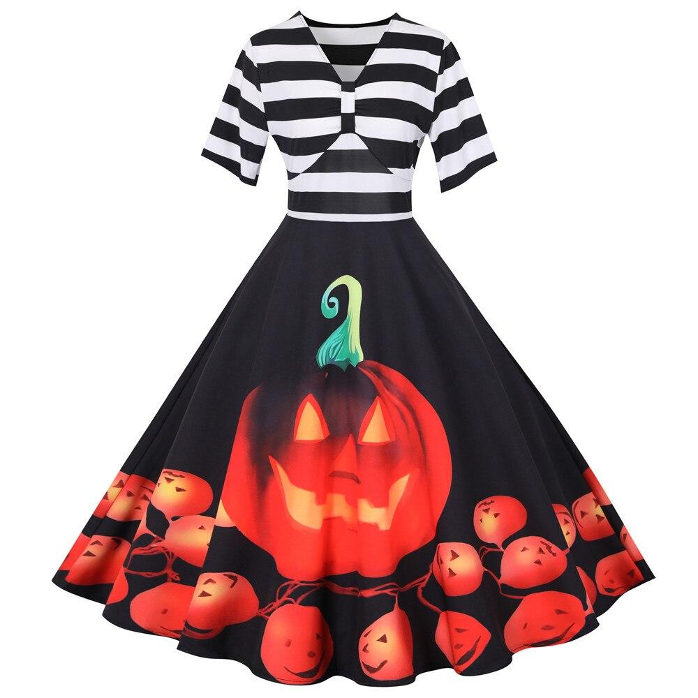 Damen Halloween-Kleid mit Kürbis-Print | Gestreiftes Oberteil & Midi-Länge