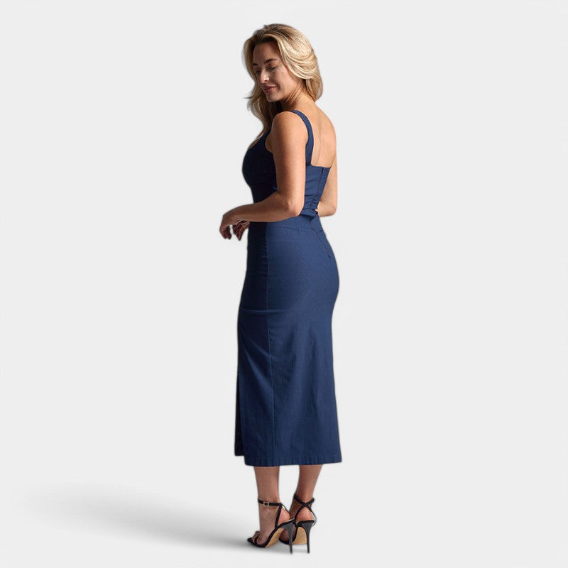 Damen Midikleid Denim-Look mit Schlitz und elegantem Schnitt
