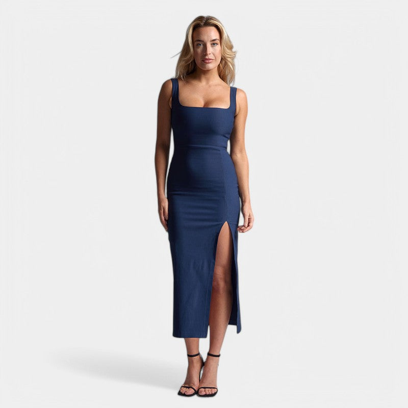 Damen Midikleid Denim-Look mit Schlitz und elegantem Schnitt