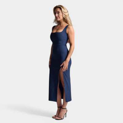 Damen Midikleid Denim-Look mit Schlitz und elegantem Schnitt