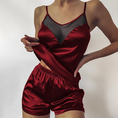 Damenpyjama mit transparenter mesh Verzierung am Ausschnitt