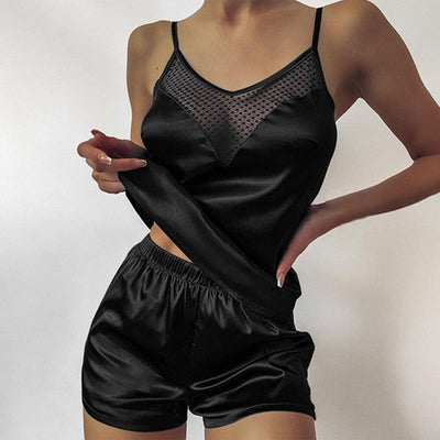 Damenpyjama mit transparenter mesh Verzierung am Ausschnitt