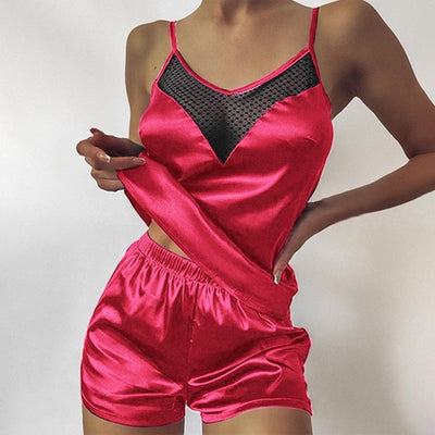 Damenpyjama mit transparenter mesh Verzierung am Ausschnitt
