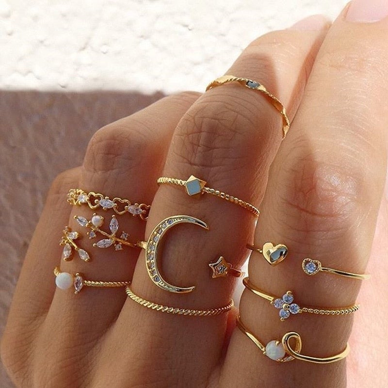 10er-Set Boho-Ringe in Gold