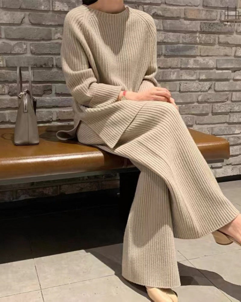 Camila | Rippenstrick Weites Bein Schlaghosen & Pullover Zweiteilig Lounge-Set