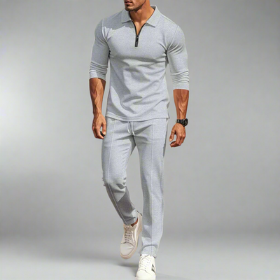 Lässiges Streetwear-Set für Herren – einfarbiges Langarm-Oberteil mit halbem Reißverschluss und passende Hose, leicht und atmungsaktiv