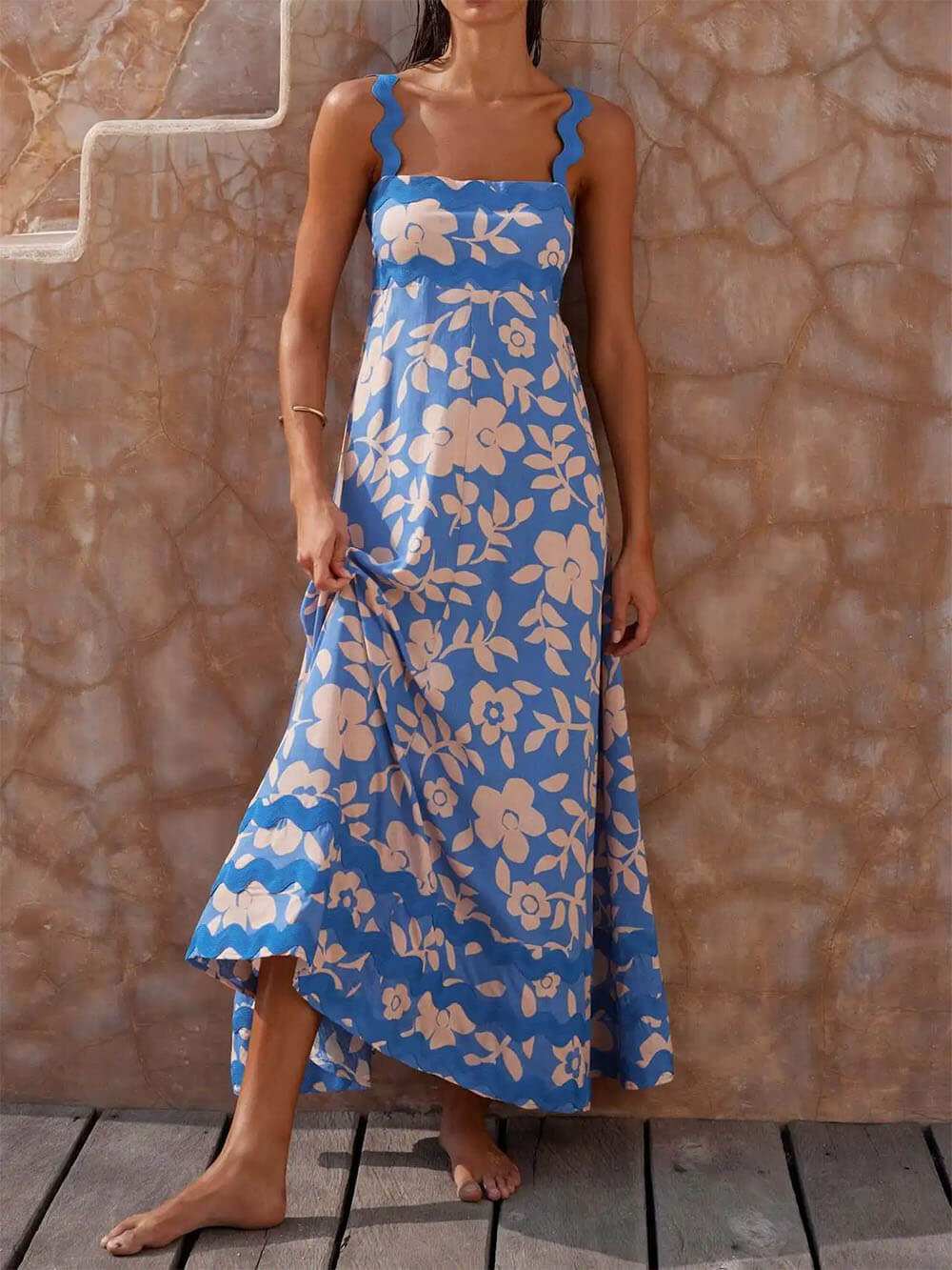 Damen Maxikleid – Leichter Stoff – Blumenmuster – Ärmellos – Sommer-Look