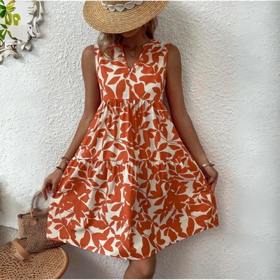 Damenkleid Baumwolle Blumenmuster Sommerkleid mit V-Ausschnitt und kurzen Ärmeln