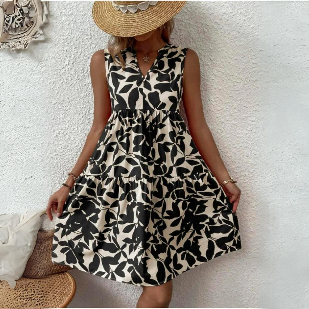 Damenkleid Baumwolle Blumenmuster Sommerkleid mit V-Ausschnitt und kurzen Ärmeln