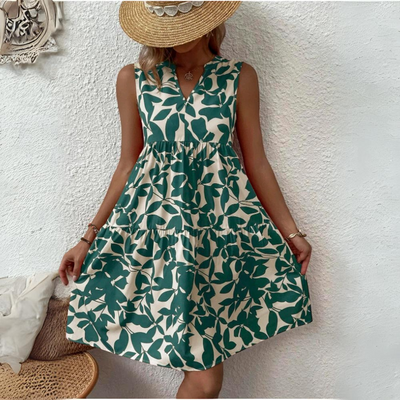 Damenkleid Baumwolle Blumenmuster Sommerkleid mit V-Ausschnitt und kurzen Ärmeln
