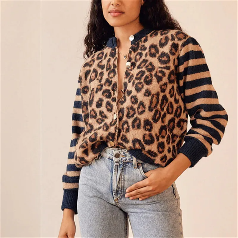 Leopardenmuster Damen Strickcardigan