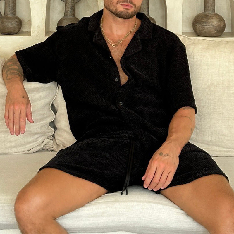 Lässiges Herren-Set aus Waffelstrick | Hemd & Shorts