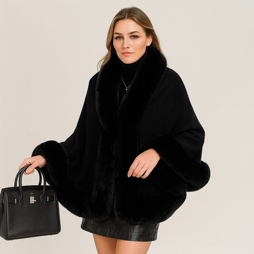 Marcella | Fledermausmantel mit offener Vorderseite und Pelzbesatz