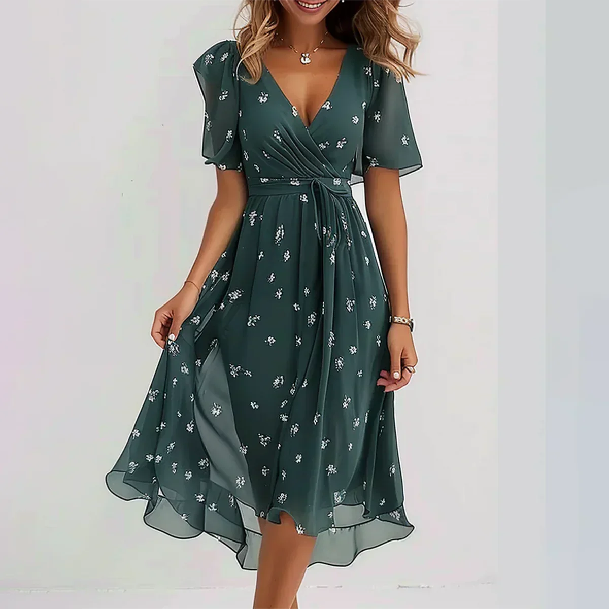Damen Midikleid Viskose mit V-Ausschnitt und Blumenmuster – eleganter Sommerstil