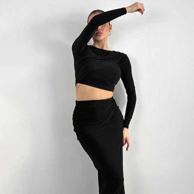 Damen Zweiteiler – Geripptes Stretch-Material – Langarm & Wickel-Crop-Top