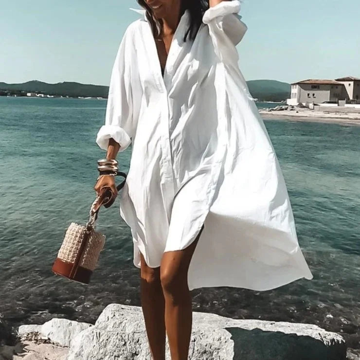 Damen Hemdblusenkleid aus Baumwolle mit Knöpfen und Taillenband – Sommerlook