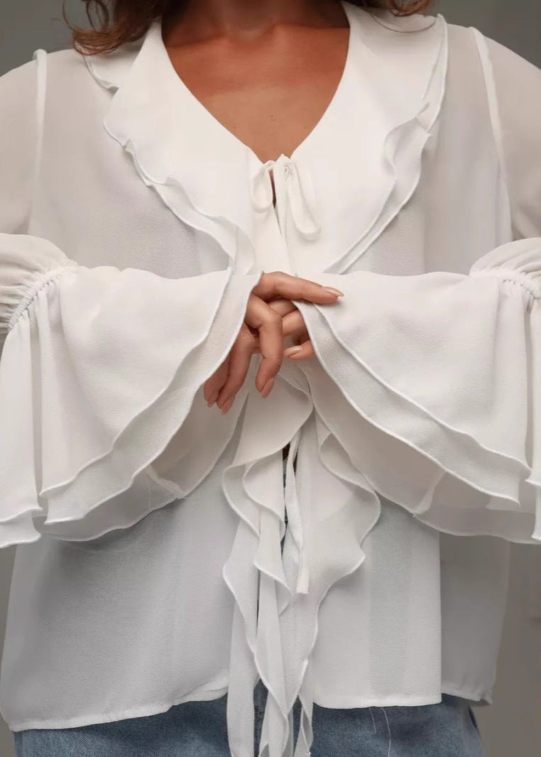 Damen Bluse aus Chiffon mit Rüschen und V-Ausschnitt – Elegant und luftig