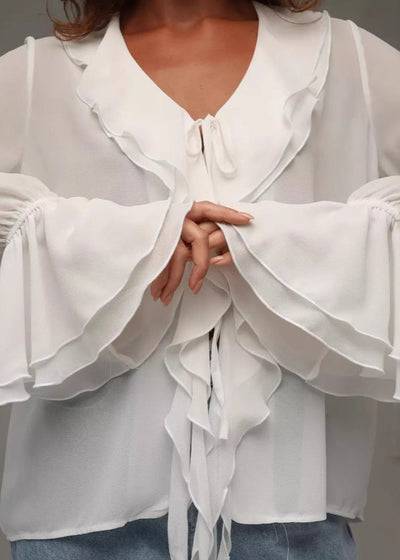 Damen Bluse aus Chiffon mit Rüschen und V-Ausschnitt – Elegant und luftig