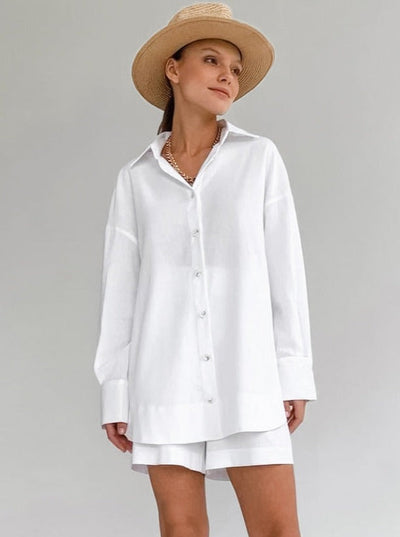 Damen Baumwollset mit Oversized-Bluse und lockerer Hose