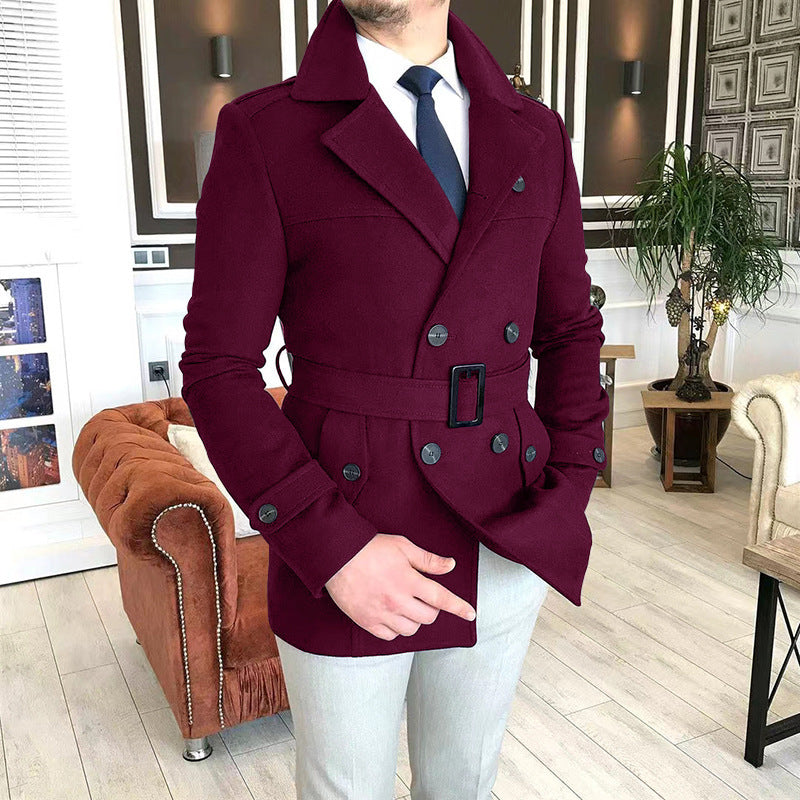 Herren eleganter Melton-Mantel mit stilvollem Gürtel Aliams