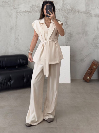 Damen Set aus Baumwollmix mit Gürtel und weiten Beinen – Sommerlich legerer Look