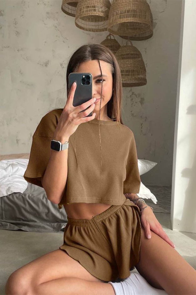 Damen-Set mit Crop-Top & Shorts aus Waffelstrick – lässig und bequem